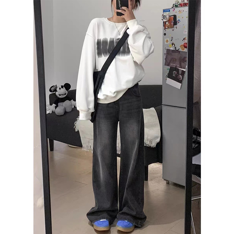 Picture of plus size American Style Retro Black Jeans Women's Autumn and Winter chubby girl Loose Slimming High Waist Straight Leg Wide Leg Trousers