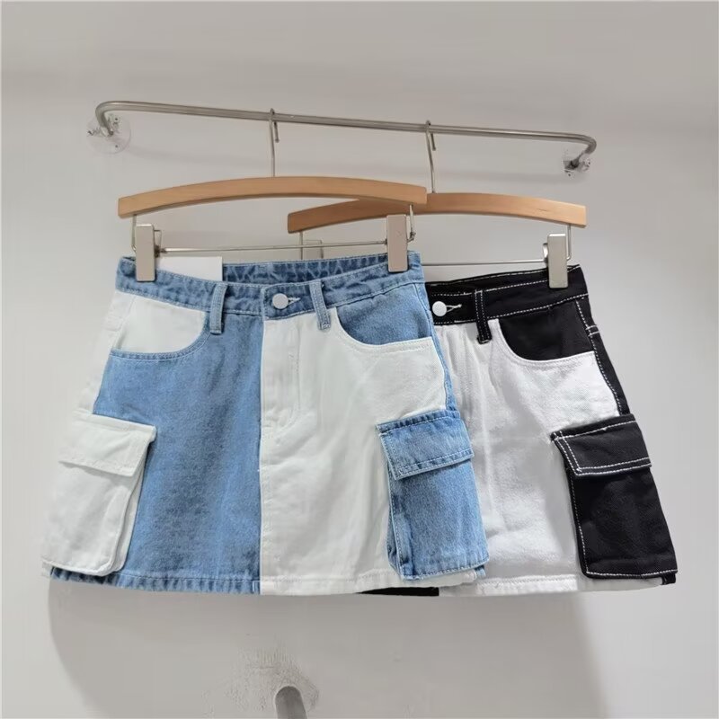 Design Sense Stitching Contrast Color Denim Skirt Women's 2024 Summer New Slim Hip Skirt Hot Girl A- line Short Skirt