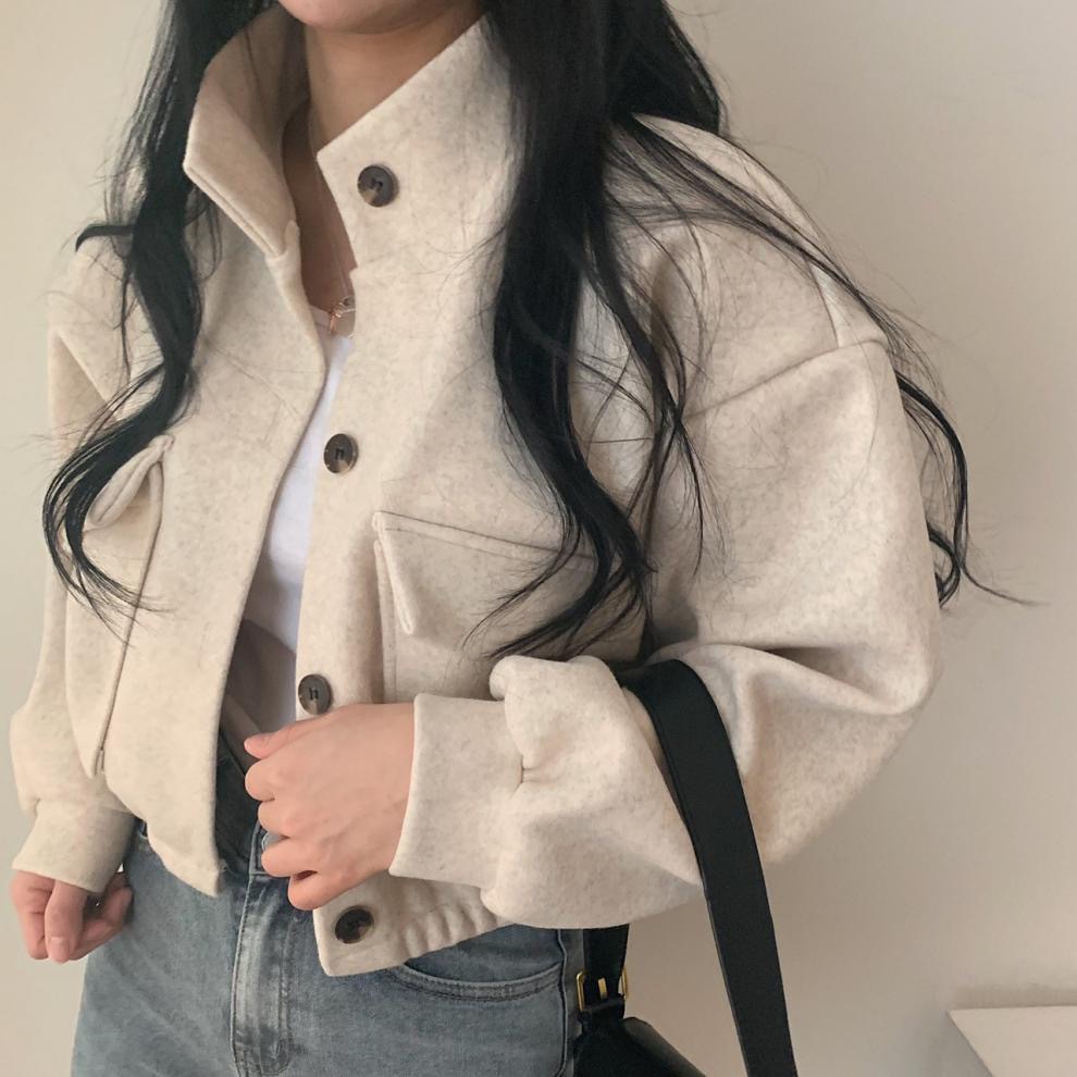 Picture of Autumn and Winter Loose Woolen Coat for Women Plus Size Pocket Small Stand Collar Top Long Sleeve Button Hong Kong Style Woolen Women's Clothing Wholesale