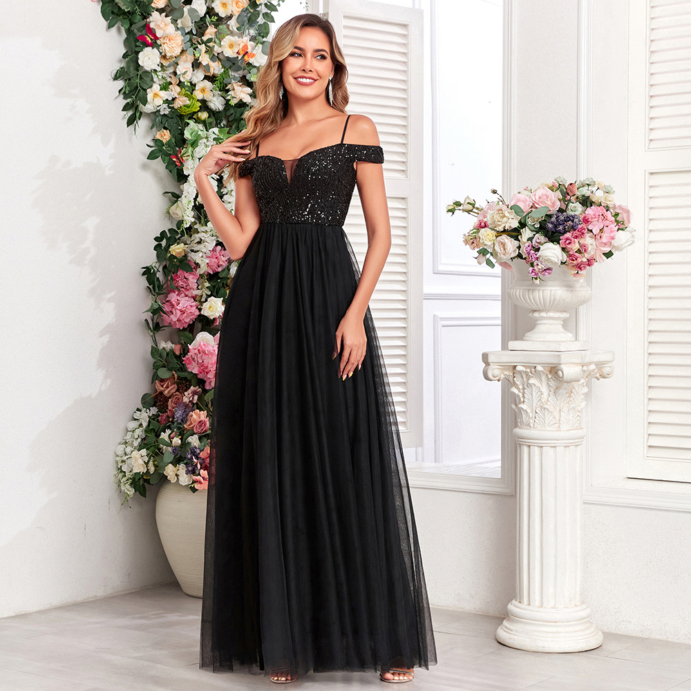 Picture of Cross-border European and American Shoulder Strap Double V-neck Sequin Embroidery Stitching Party Dress Elegant A- pendant Tulle dress