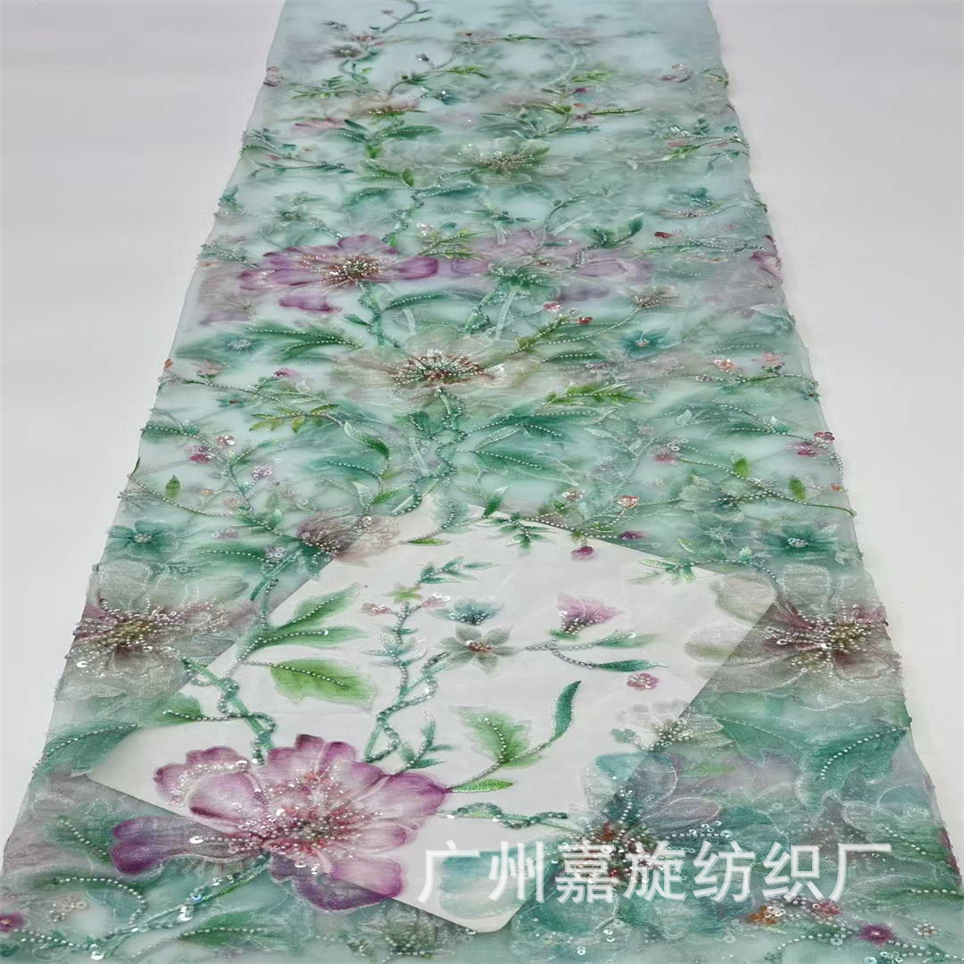 Ethnic style, colorful plant print, sequins, beads, tube embroidery fabrics, cheongsam, ethnic costumes, dresses, embroidered fabrics
