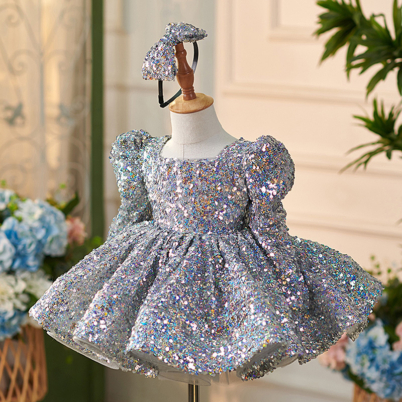 Picture of Girls' silver sequined one-year-old dress 2025 new AliExpress super fairy long sleeve puffy princess dress manufacturers supply