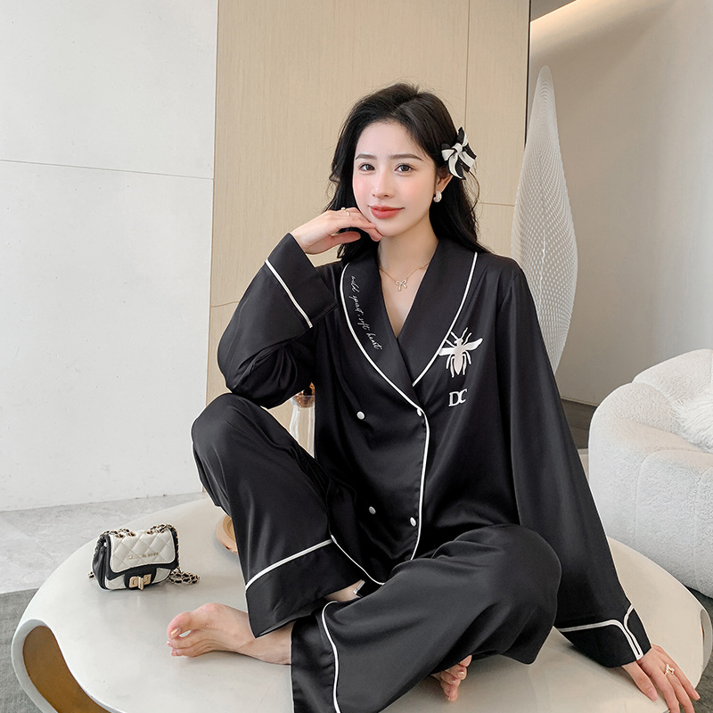 Pajamas for Women Spring & Fall 2023 New Ice Silk Long-Sleeved Pants Suit Thin Imitation Silk Home Clothes Lazy Style Accessible Luxury