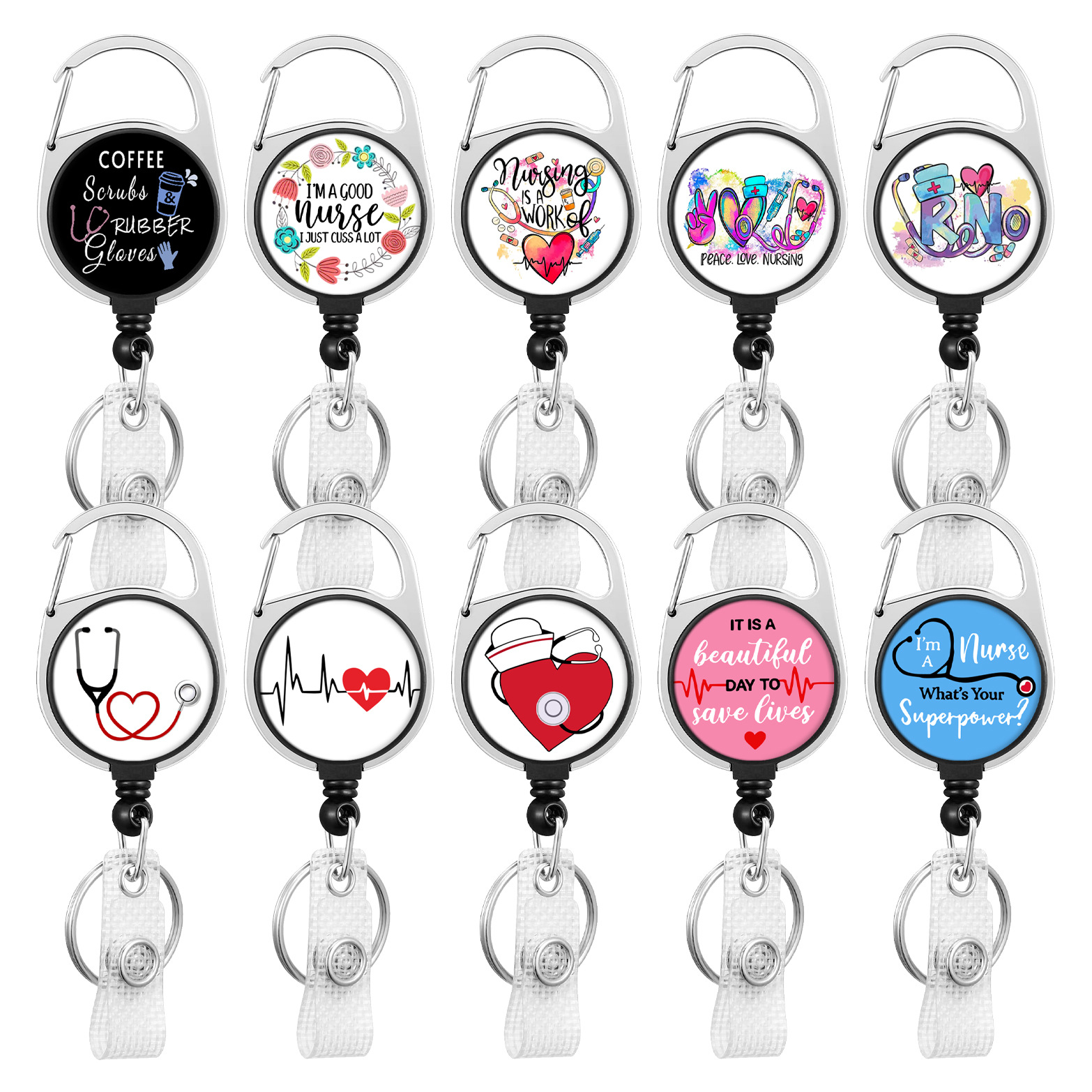 White Zinc Alloy Colorful Love Stethoscope Easy Pull Buckle Easy Pull ECG Wreath Nurse Badge Reel