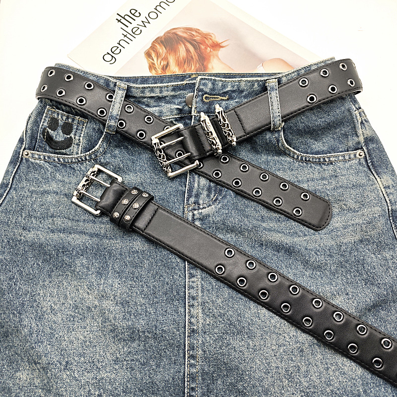 American-style Crowe Carved Roller Full-hole Double-row Eye Buckle Jeans with Full-hole Belt Wide Niche Design Sense