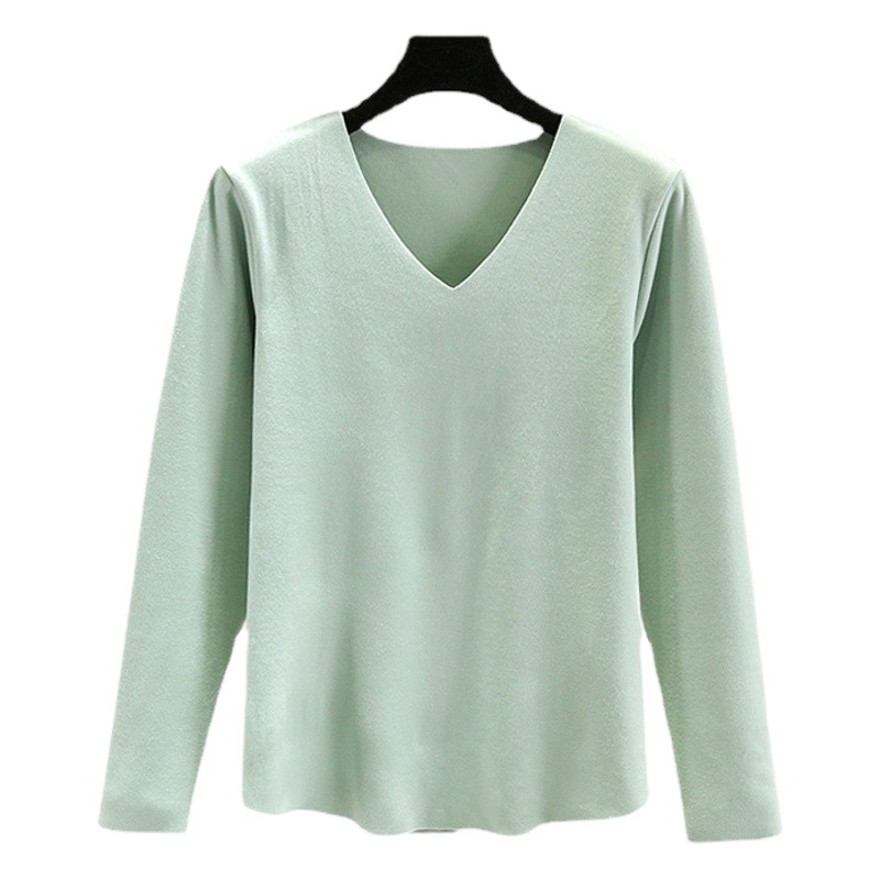 De velvet seamless bottoming shirt women's autumn and winter inner wear double-sided fleece-lined thick warm V-neck long-sleeved T-shirt top