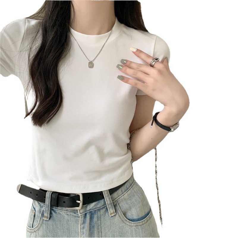 Korean Style Solid Color T-shirt Women's White Short-sleeved Short Tight Hot Girl Top Summer New Slim-fit Shoulder T-shirt 2023
