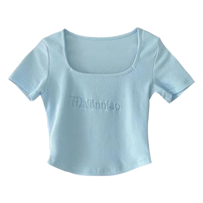 Amazon Cross-border Letter Embroidery Slim-fit Square Collarbone-exposed Short-sleeved Women's T-shirt Navel-exposed High Waist Short U-neck Top