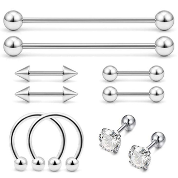 Amazon EBAY 10 pieces suit piercing jewelry nose ring nose nail eyebrow nail lip nail long rod industrial ear studs