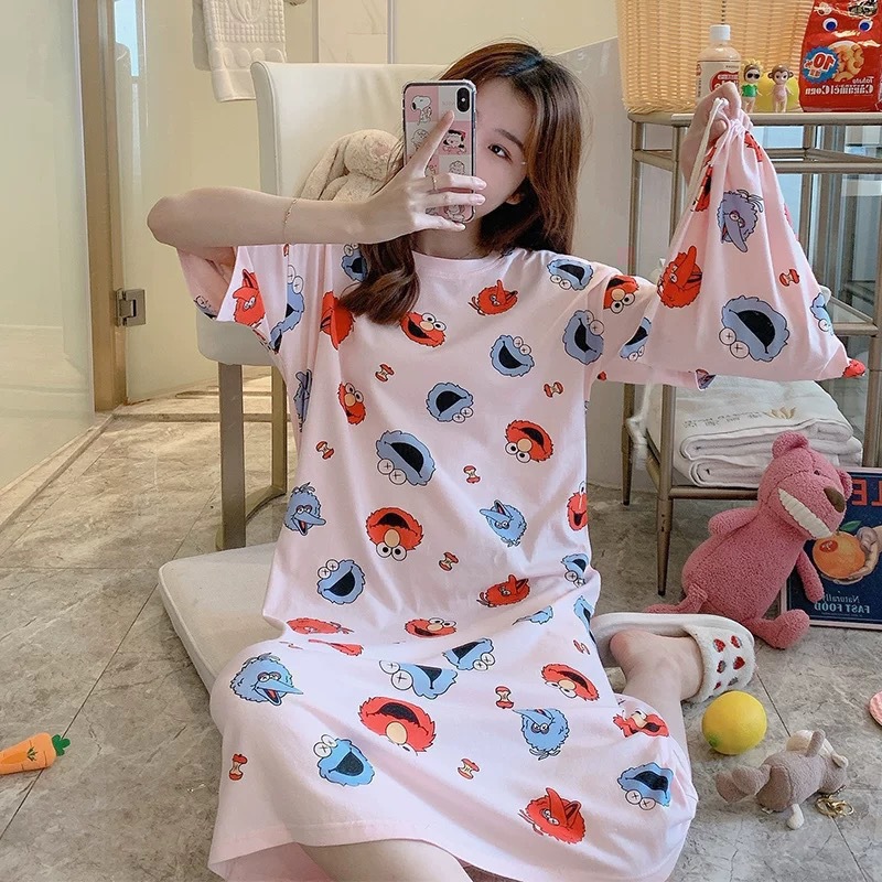 Picture of Internet Celebrity Summer Korean Style Princess Fresh Sweet Loose Nightdress Short Sleeve Plus Size Pajamas Dress with Cloth Bag