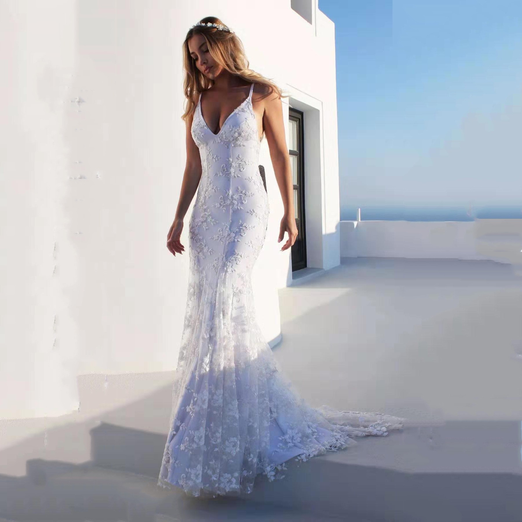 2025 European and American Export New Dress Long Skirt Ebay Amazon Sexy V Neck White Suspender Dress Dress