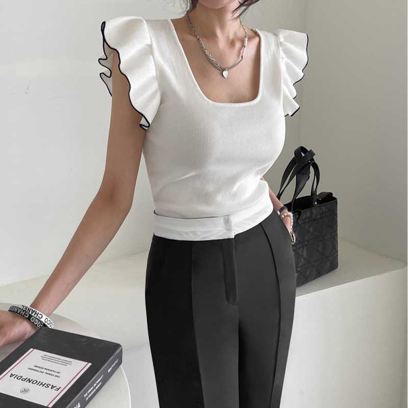 Picture of Summer Design Sense Front Collar Back Contrast Color Flying Sleeve Ear Sleeveless Back Strap Knitted Top Women