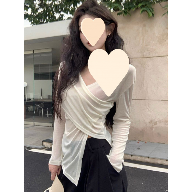 Picture of Designed Asymmetrical Cross V-Neck Long-Sleeved T-Shirt for Women in Spring & Fall Thin Unique Slim-Fitting Sexy Waist Slimming Look Top
