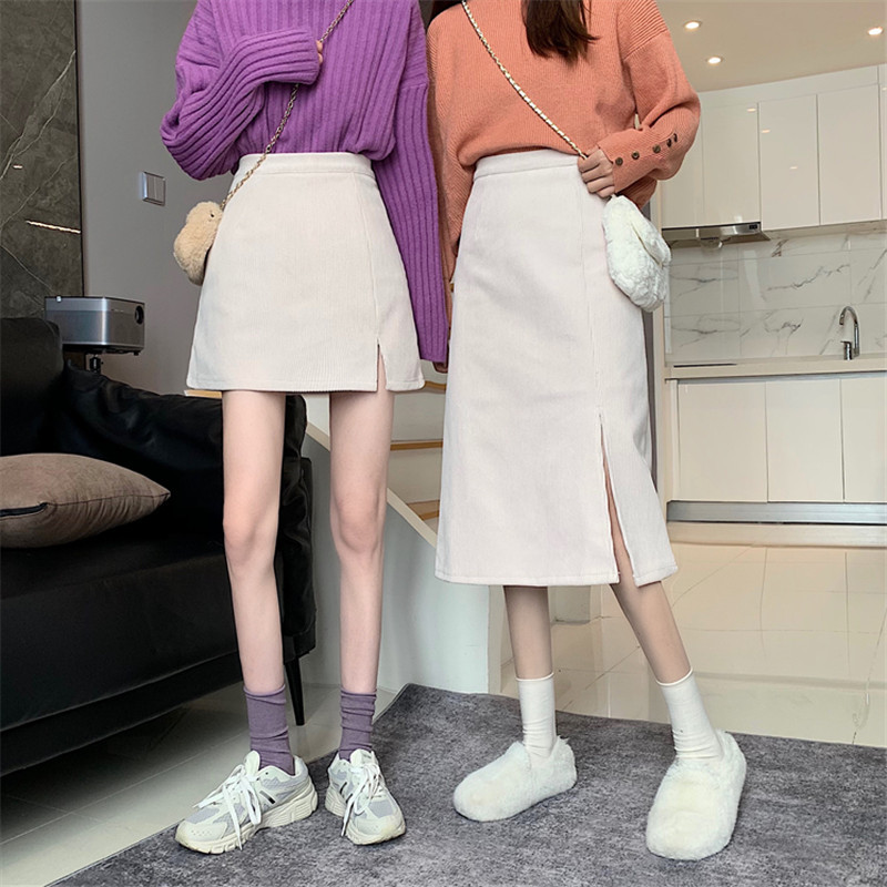 Picture of Autumn and Winter Split A- shaped Skirt 2021 New Style Western Style High Waist Slimming Corduroy Solid Color All-match Hip Skirt