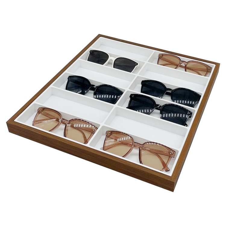 In-Stock Black Walnut Grain Wooden 12-Slot Eyewear Display Tray for Sunglasses and Eyeglasses, Fashionable Display and Sales Tray