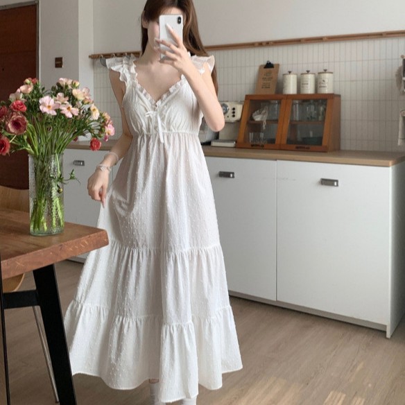 South Korea ins ladies summer suspenders nightgown new pajamas ruffles can wear jacquard home clothes wholesale women