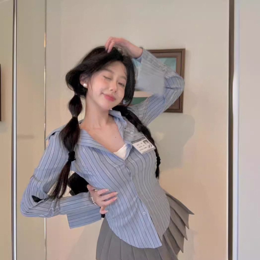 College style suit striped waist long sleeve shirt top women's summer skirt pleated skirt skirt two-piece set