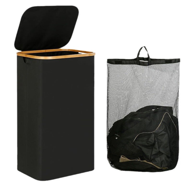 Picture of Dirty Clothes Basket Home Dirty Clothes Basket Bamboo and Wooden Handler with Lid Storage Basket Nordic Simple Bathroom Home Bamboo Cloth Laundry Basket
