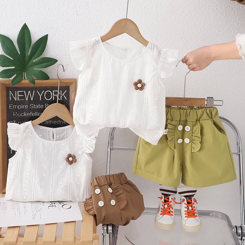 Summer children's short-sleeved suit Korean children's clothing girls baby casual hollow flower short-sleeved thin two-piece set