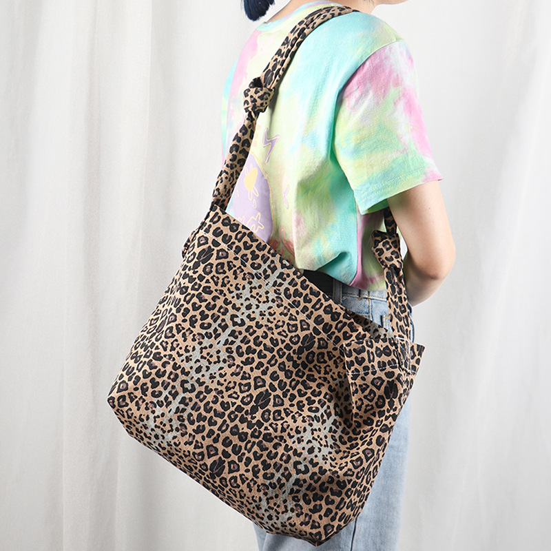 Wholesale cotton satchel bag shoulder canvas bag cotton tote bag can set leopard print gift shopping tote bag