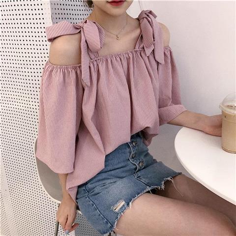 Picture of Spring and Summer 2022 New Korean Striped Shirt Female Student Lace-up Short Sleeve Shirt Loose Shoulder Top Trendy