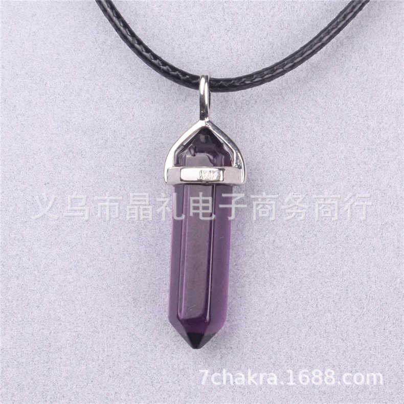 Picture of Natural Stone Hexagonal Pendant European and American Natural Crystal Hexagonal Prism Bullet Hexahedral Black Wax Rope Necklace