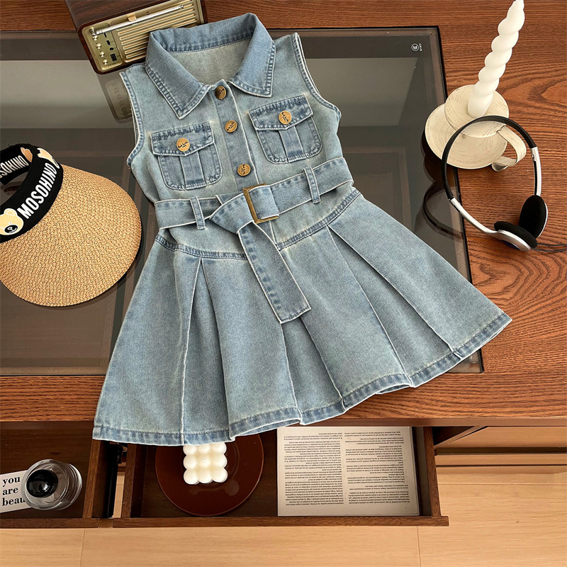 Girls Dress Summer 2025 New Children's Korean Style Sleeveless Vest Princess Dress Fashionable Summer Denim Dress Trendy