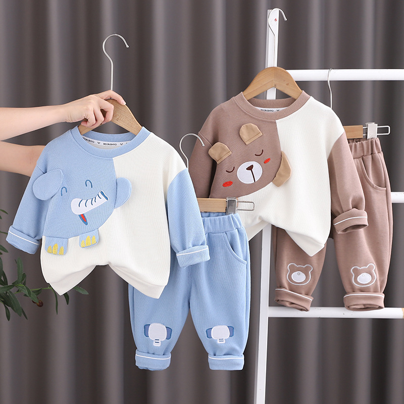 Children's Spring and Autumn Two-piece Set Boys and Girls Cartoon Color-matching Crewneck Long-sleeve Trousers suit Baby Sports Clothes