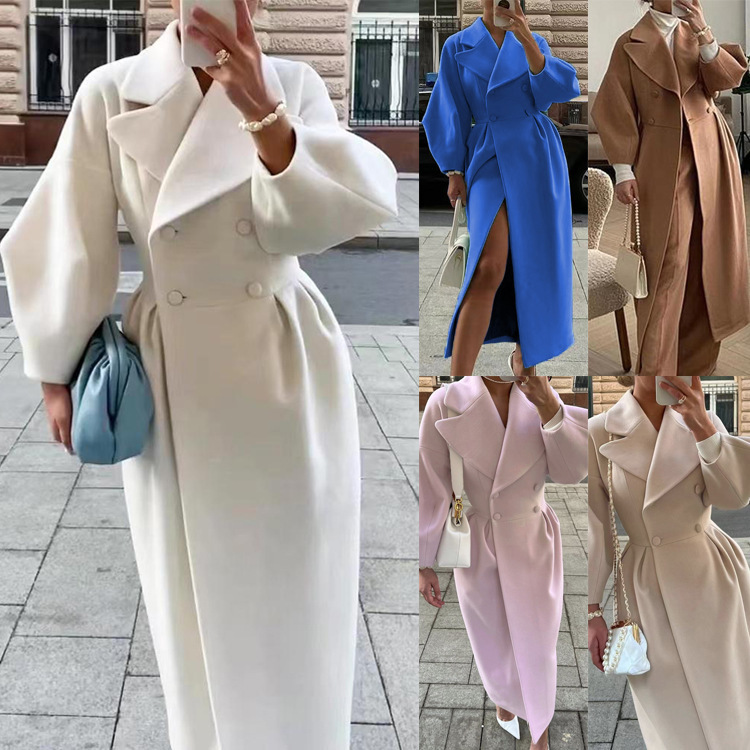 Independent station cross-border Europe and the United States new retro palace style lantern sleeve large lapel wool coat long coat