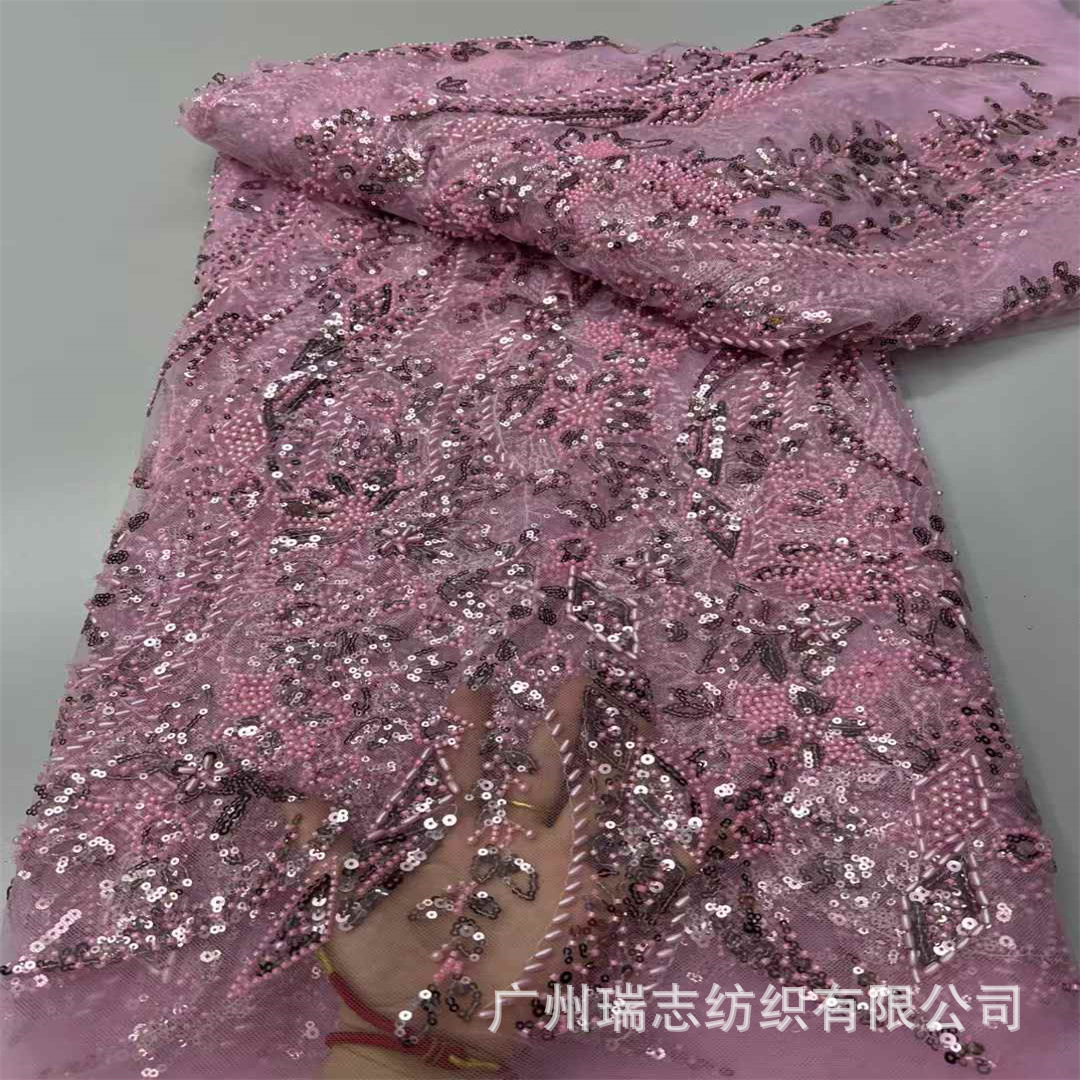 Picture of Purple heavy industry sequined embroidered plant pattern three-dimensional lace dress wedding dress cheongsam fabric lace