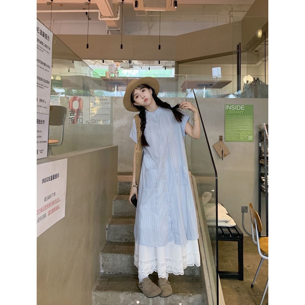Picture of Blue Stripesd Short-Sleeved Shirt Dress for Women Summer 2025 New Korean Style Loose Mid-Length Stacked Two-Piece Set