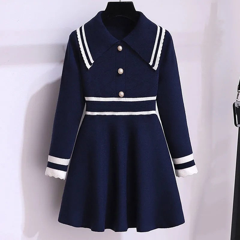 Picture of Girls' Autumn Dress New Style Children's Spring and Autumn Doll Collar Sweater Dress Children's College Style Knitted Skirt Trendy