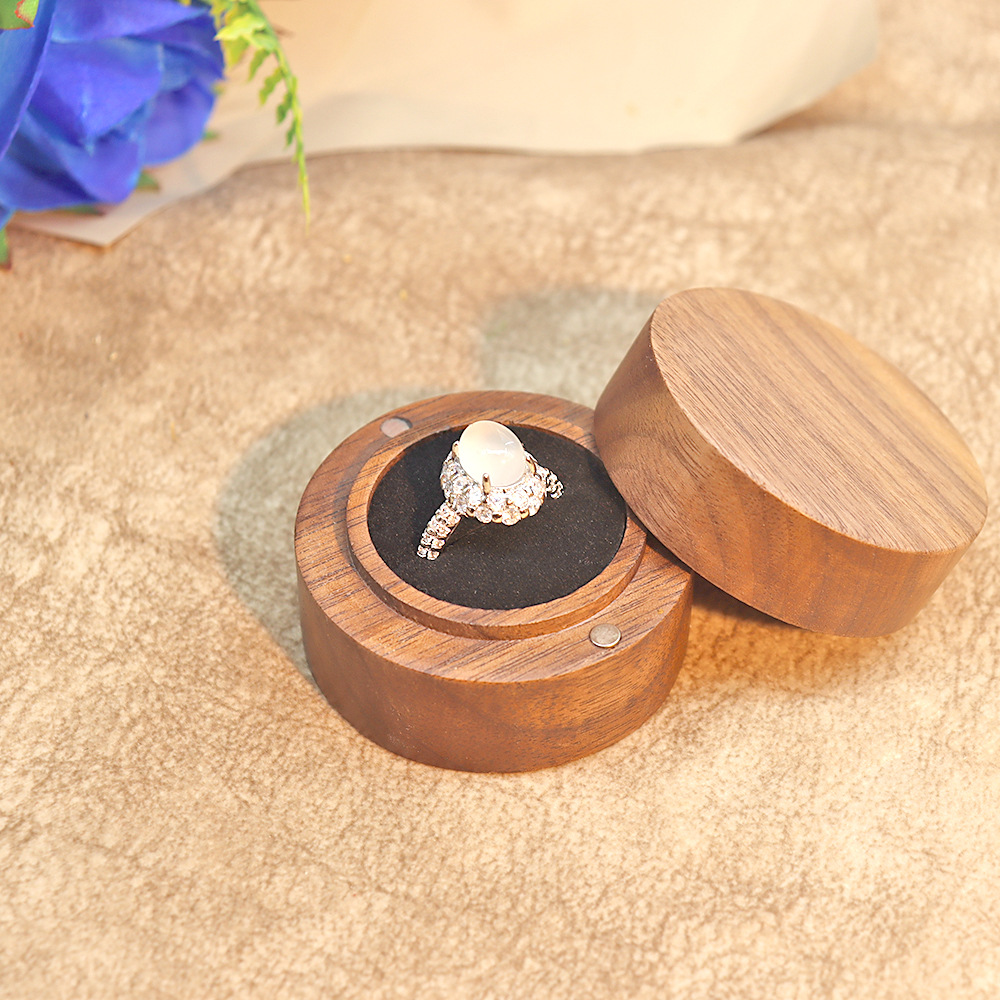 Picture of Jewelry Box Creative Solid Wooden Ring Box Jewelry Storage Box Round Fashion Wooden Black Walnut Gift Box