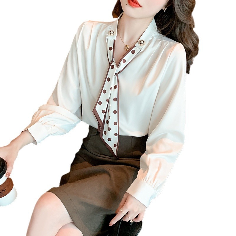 Picture of Light Mature Style Ribbon Shirt 2025 Autum New Korean Style Versatile Splicing Lace-Up Bow Long-Sleeved Shirt for Women