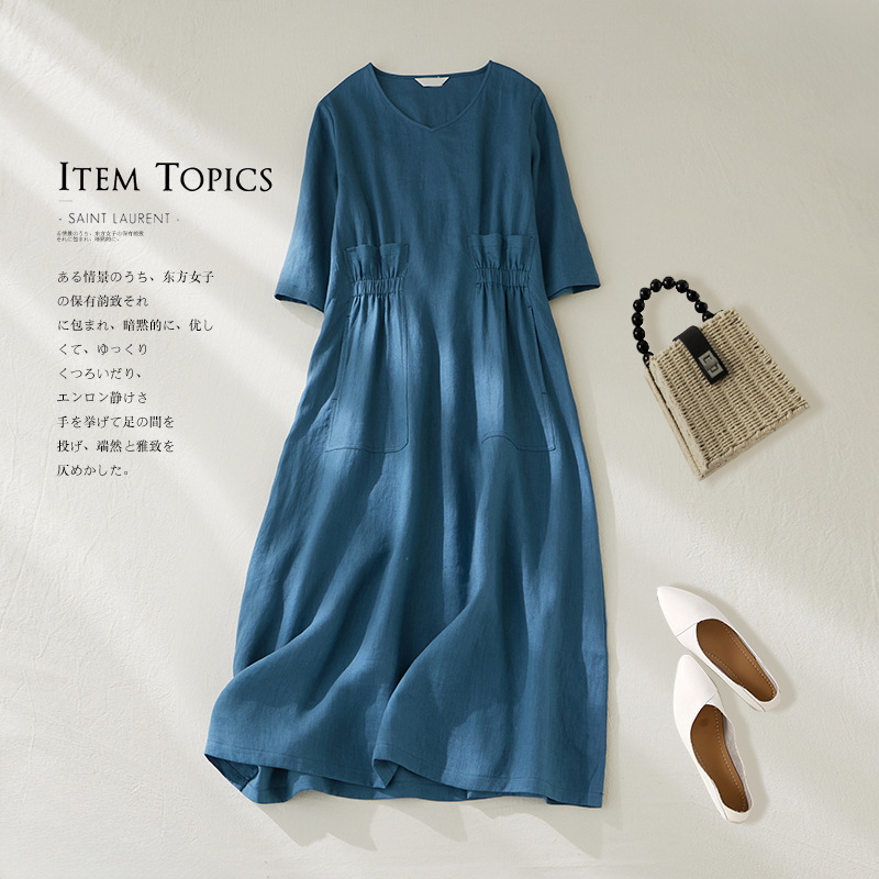 Cross-border Foreign Trade 2024 Summer New Cotton and Linen Artistic Leisure V-neck Temperament Long Five-point Sleeve dress Women