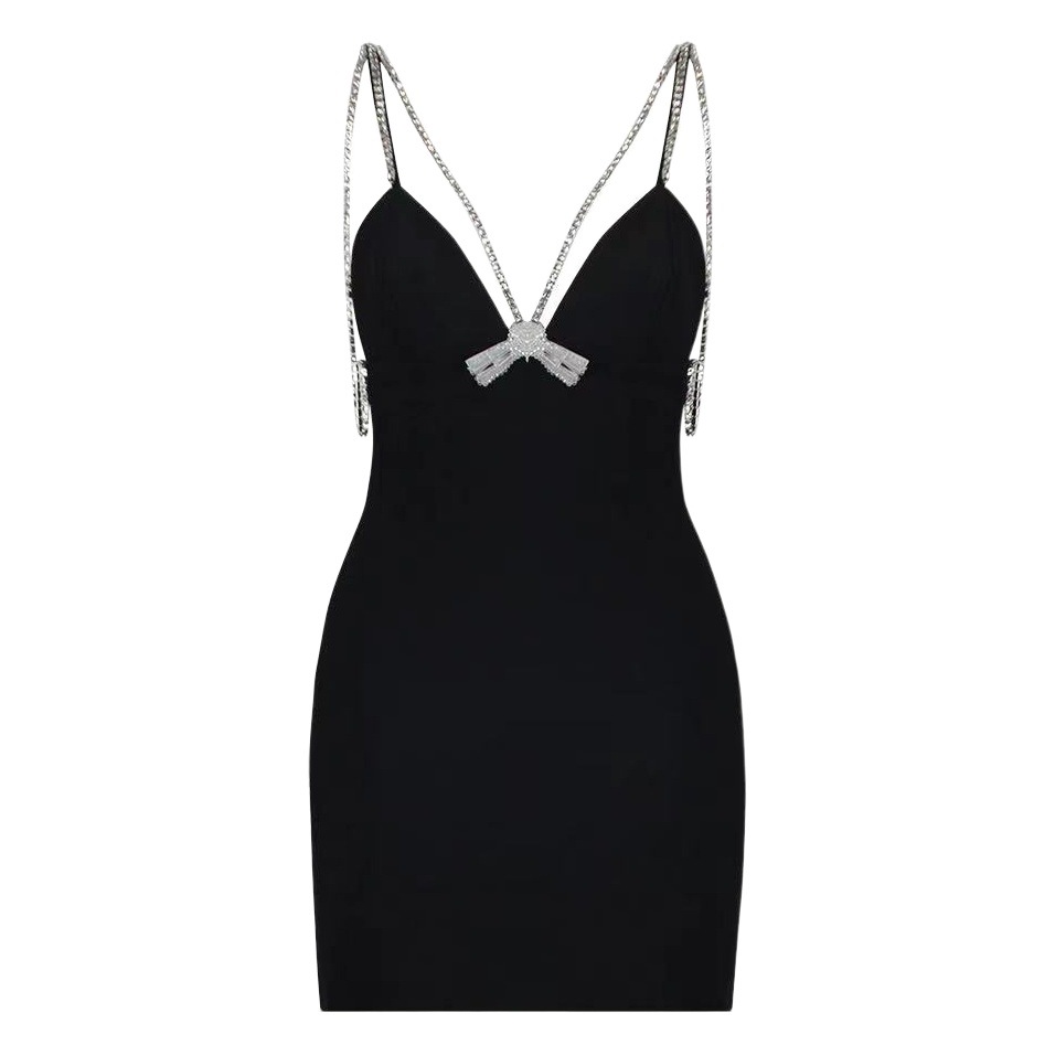 Cross-border Women's 2025 Summer New Elegant Light Luxury Rhinestone Chain V-neck Sling dress Party Dress