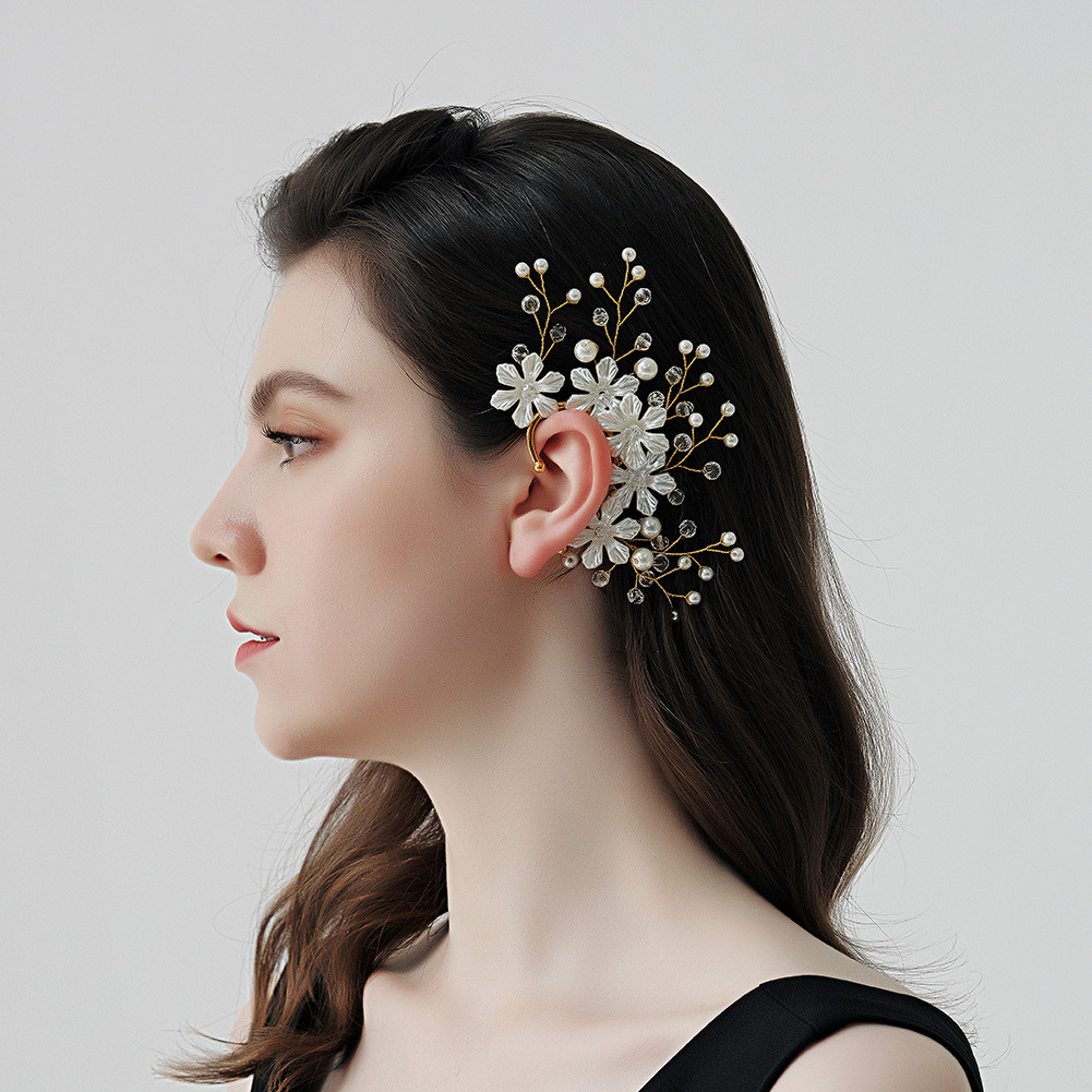 Picture of Korean Super Fairy Bride Earrings Mori Flower Ear Bone Clip Design Temperament Ear Hanging Handmade Pearl Rhinestone Ear Hanging