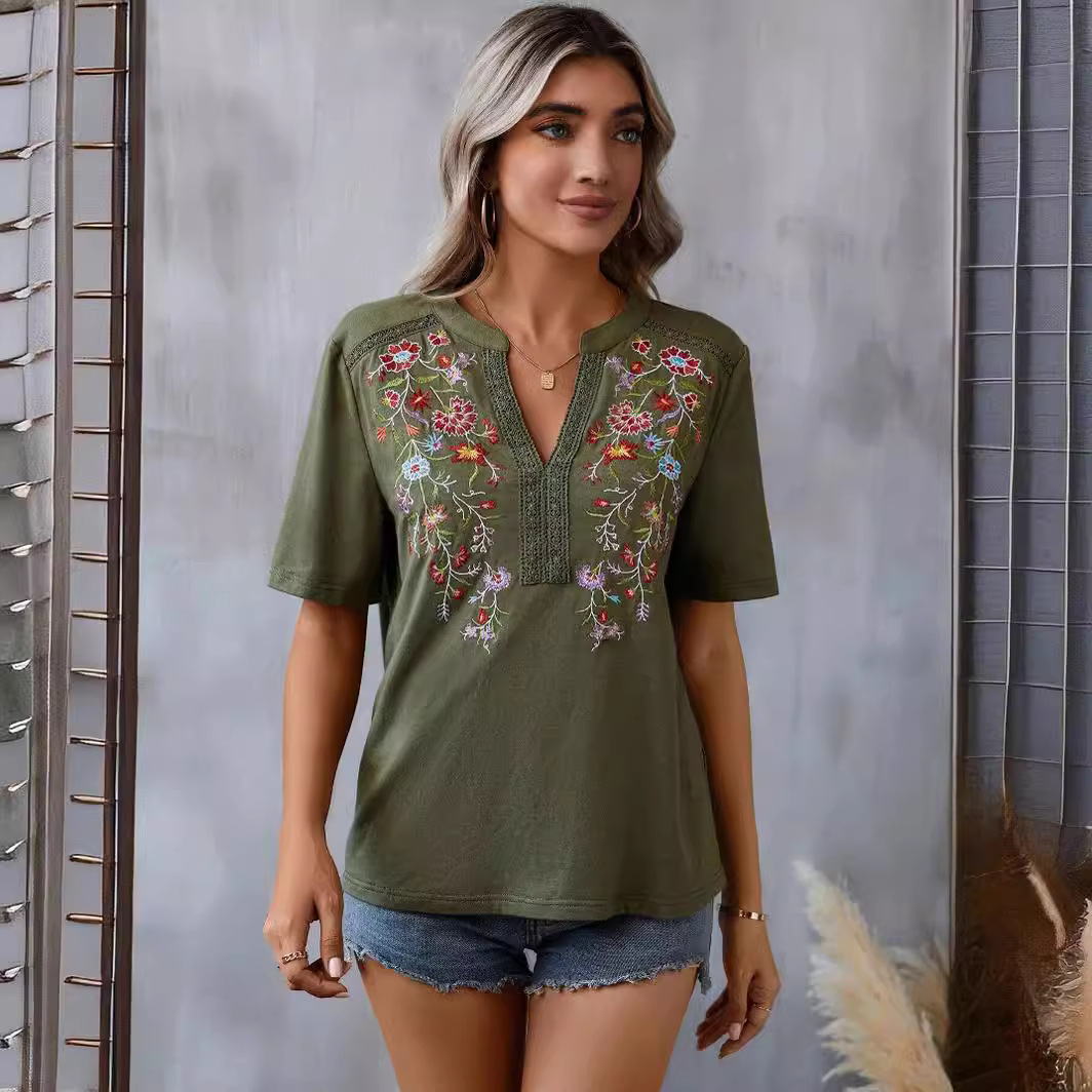 Picture of 2025 Europe and America Amazon Cross-border Summer New Fashion Ten Thousand Needles Embroidery Stitching Lace Top Women's T