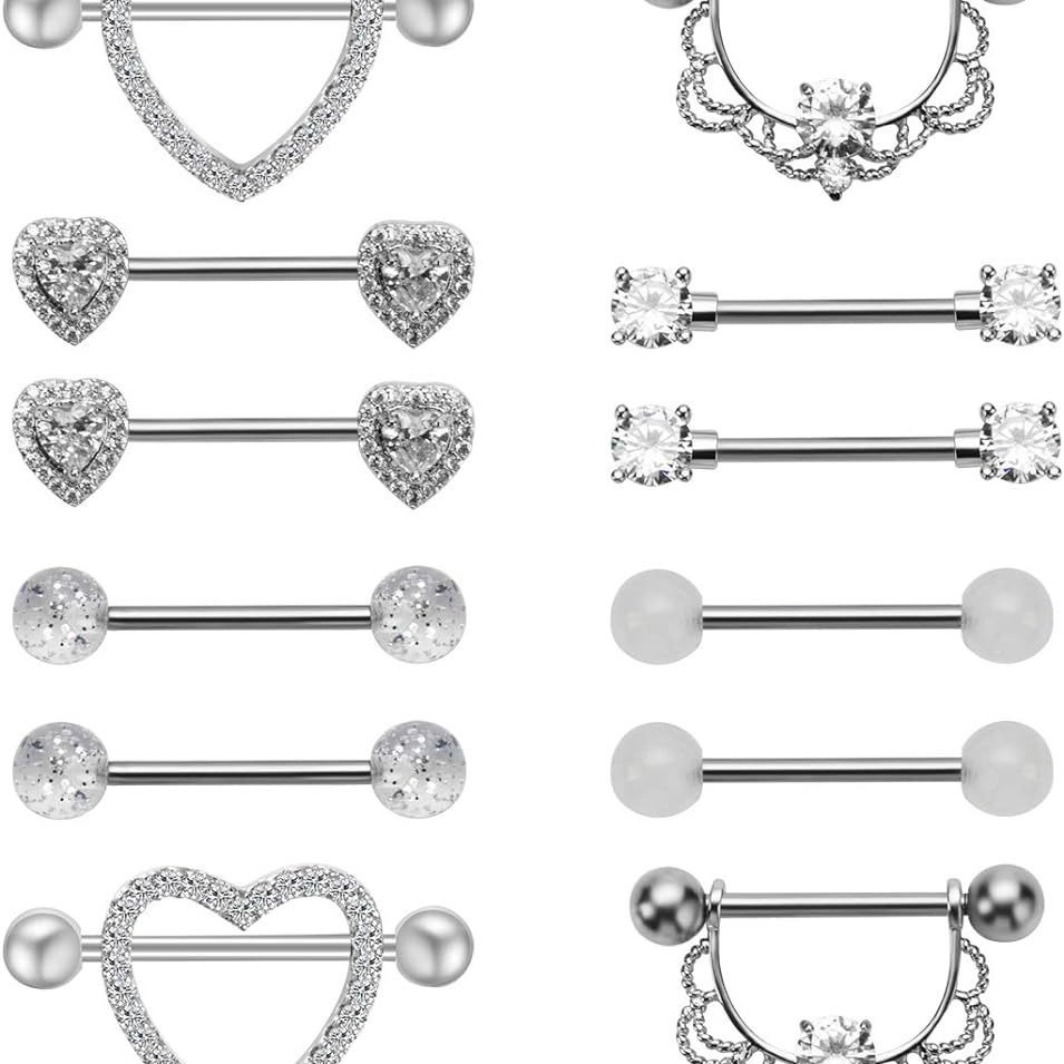 Amazon hot sale stainless steel inlaid zircon breast ring straight rod puncture breast ring love tongue nail breast nail human body puncture