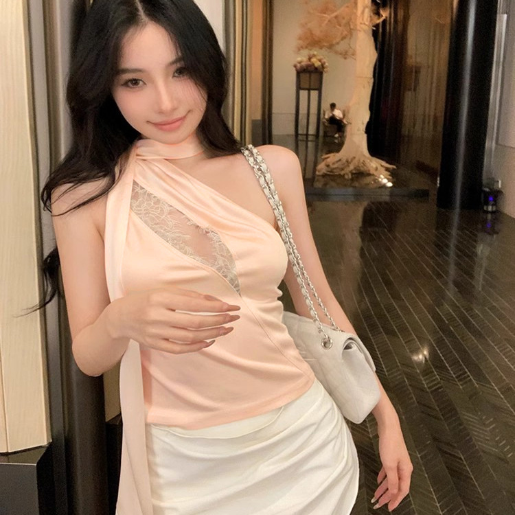 Lace Splicing Ribbon Slanted Shoulder Halterneck Camisole Women's Summer European and American Cut Out Sexy Short Outer Top
