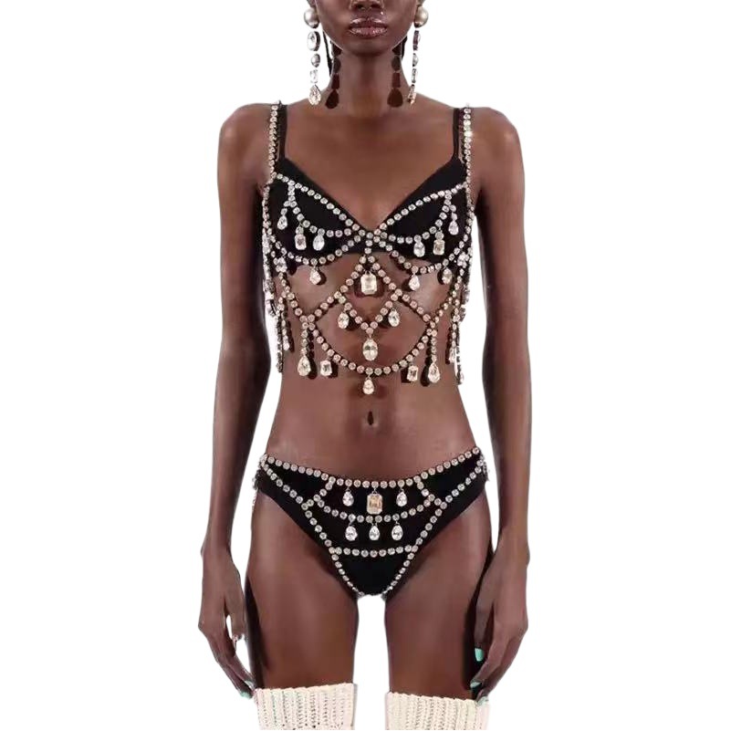 Cross-border European and American hot sale sexy Crystal bra thong chain summer beach bikini body chain suit wholesale