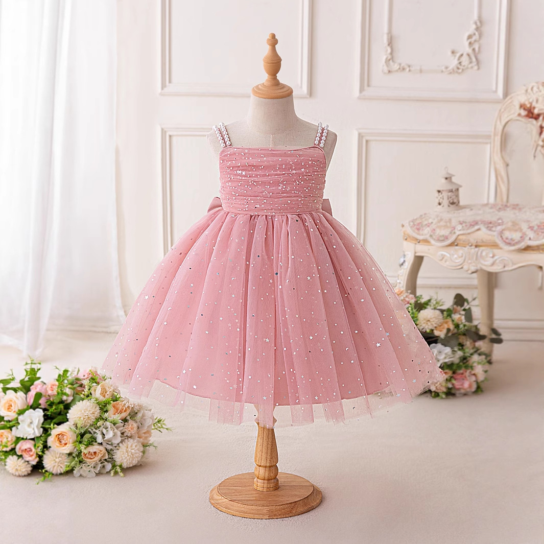 Amazon Cross-Border Children's Beaded Suspender Princess Dress Flower Girl Fluffy Gauze Dress Little Girl Host Performance Costume