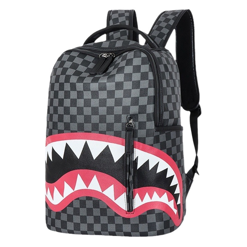 Cross-border Men's Backpack Travel Bag Fashion Plaid Backpack Student Bag Large Capacity Street Trendy Shark Bag
