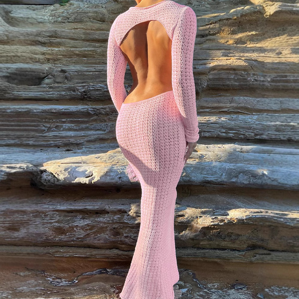 Cross-border European and American Knitted Women's Skirt Sexy Hollow Backless Woolen dress Long-sleeved Pullover Round Neck Pink Long Skirt