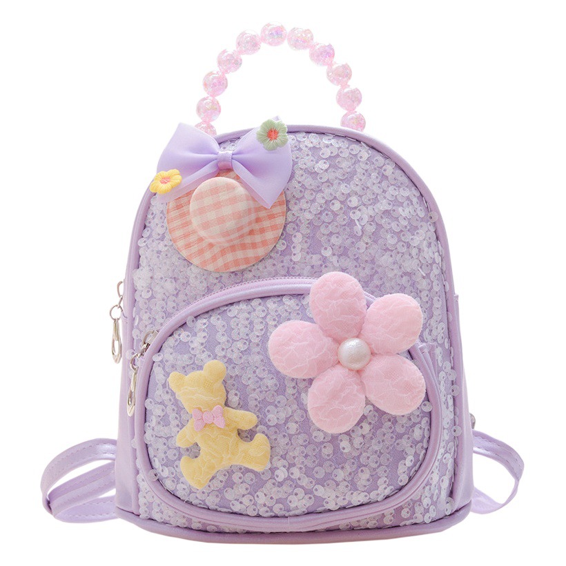 Ins Kidsren's Schoolbag Pu Sequin Bow K-Style Fashion Casual Travel Girls Accessories Pearl Backpack