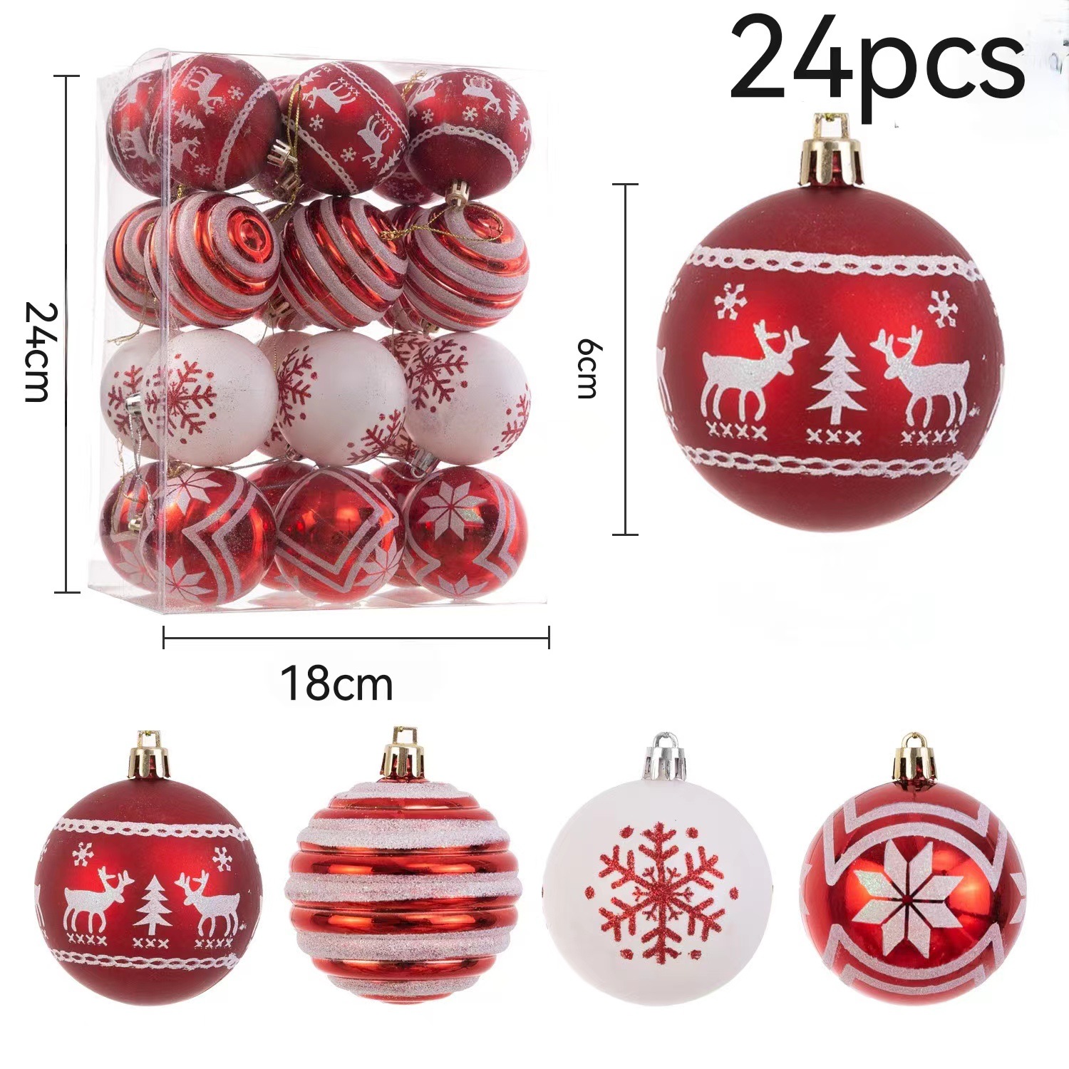 In Stock 6cm 24 Red and White Plastic Electroplated Christmas Balls Snowflake Elk Christmas Painted Christmas Tree Pendant Balls