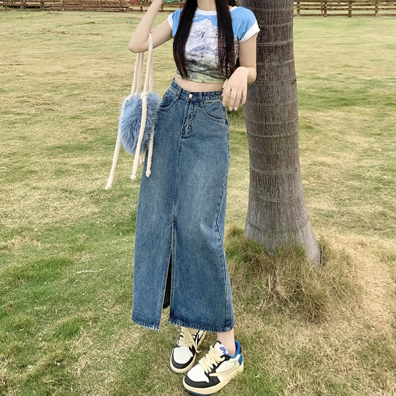 Vintage Split Denim Skirt Women's Spring and Summer 2024 New High Waist Slimming Mid-length A- line Hip Skirt