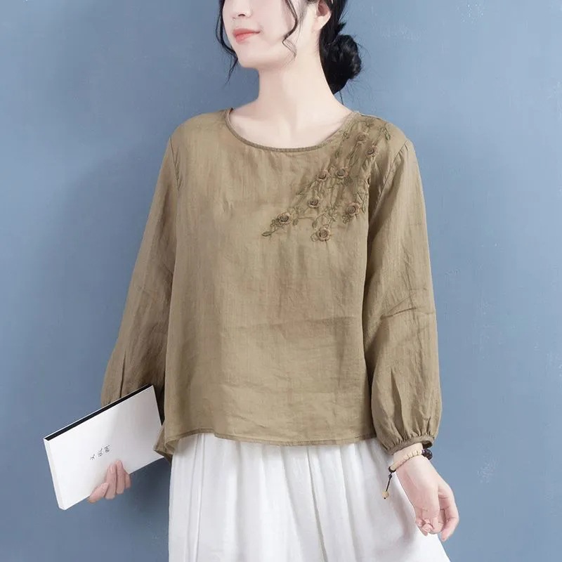 Picture of Chinese Style Shirt Women's 2023 New Spring Cotton and Linen Artistic Retro Embroidered Top Design Long Sleeve Thin Shirt