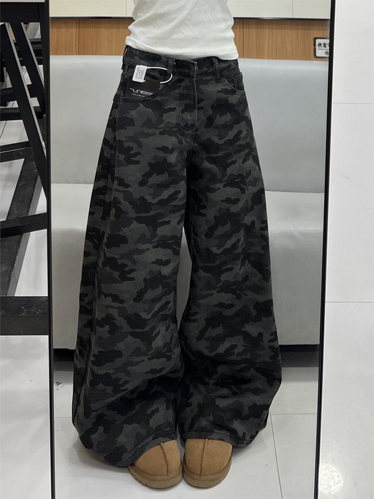 American retro distressed camouflage workwear drape jeans women's 2025 summer new niche loose floor-length trousers
