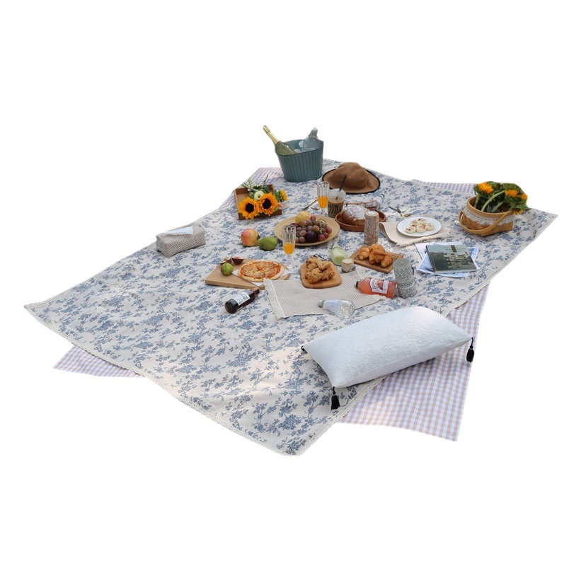 Picture of Vintage Korean ins Style Blue Floral Picnic Cloth Background Cloth Spring Camping Outdoor Outing Moisture-Proof Picnic Mat